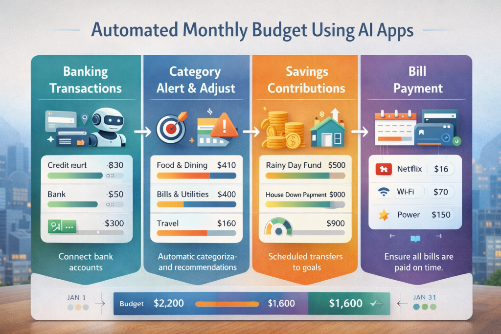 Infographic showing how AI Budget Apps automate a monthly budget, including expense tracking, category adjustments, savings automation, and bill payments in a modern personal finance workflow.