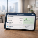 Smartphone showing automated bill payment tools dashboard in urban home.