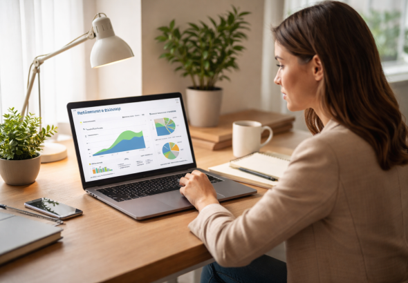 Young professional using AI-Based Retirement Planning Tools to review savings and investment plans on a laptop.