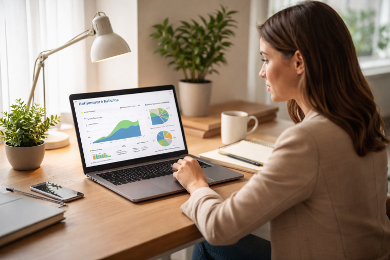 Young professional using AI-Based Retirement Planning Tools to review savings and investment plans on a laptop.
