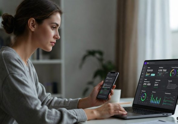 Young professional using AI tools to track financial goals with savings, budget, and investment dashboard.