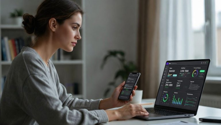 Young professional using AI tools to track financial goals with savings, budget, and investment dashboard.