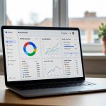Laptop displaying an AI Investment Platforms dashboard with portfolio allocation charts and growth insights in a modern urban home, illustrating how AI investment platforms help beginners automate investing and manage portfolios efficiently.