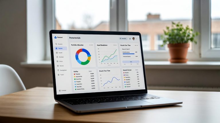 Laptop displaying an AI Investment Platforms dashboard with portfolio allocation charts and growth insights in a modern urban home, illustrating how AI investment platforms help beginners automate investing and manage portfolios efficiently.