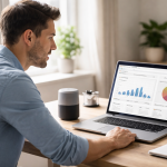 Voice-Activated AI Finance Assistants helping a professional track spending and savings through a smart speaker and financial dashboard.