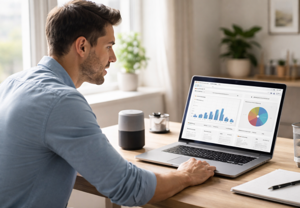 Voice-Activated AI Finance Assistants helping a professional track spending and savings through a smart speaker and financial dashboard.