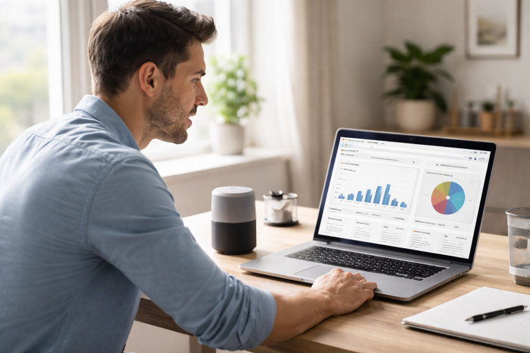 Voice-Activated AI Finance Assistants helping a professional track spending and savings through a smart speaker and financial dashboard.