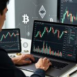 Professional reviewing cryptocurrency investments on laptop and tablet