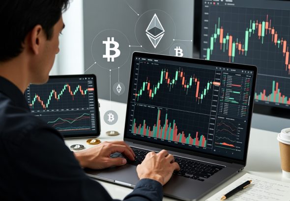 Professional reviewing cryptocurrency investments on laptop and tablet