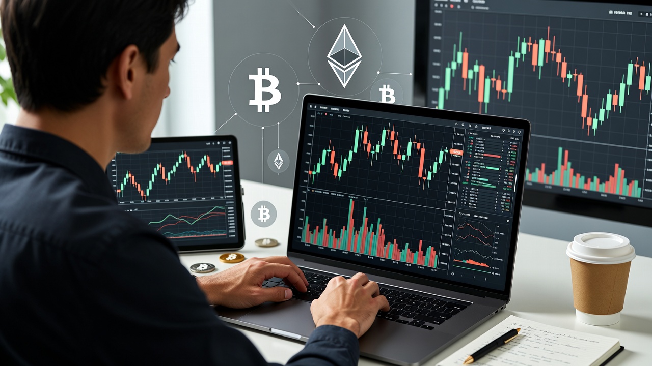 Professional reviewing cryptocurrency investments on laptop and tablet