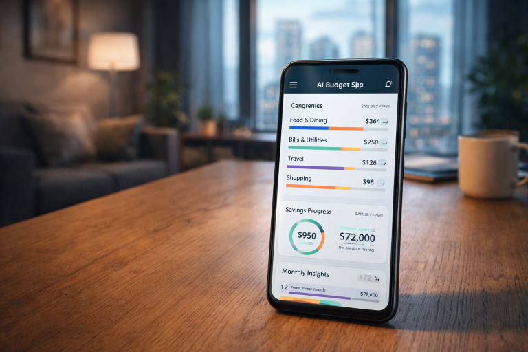 Smartphone displaying an AI Budget Apps dashboard on a wooden table in a modern urban apartment, showing automated spending categories, savings progress, and monthly budgeting insights.