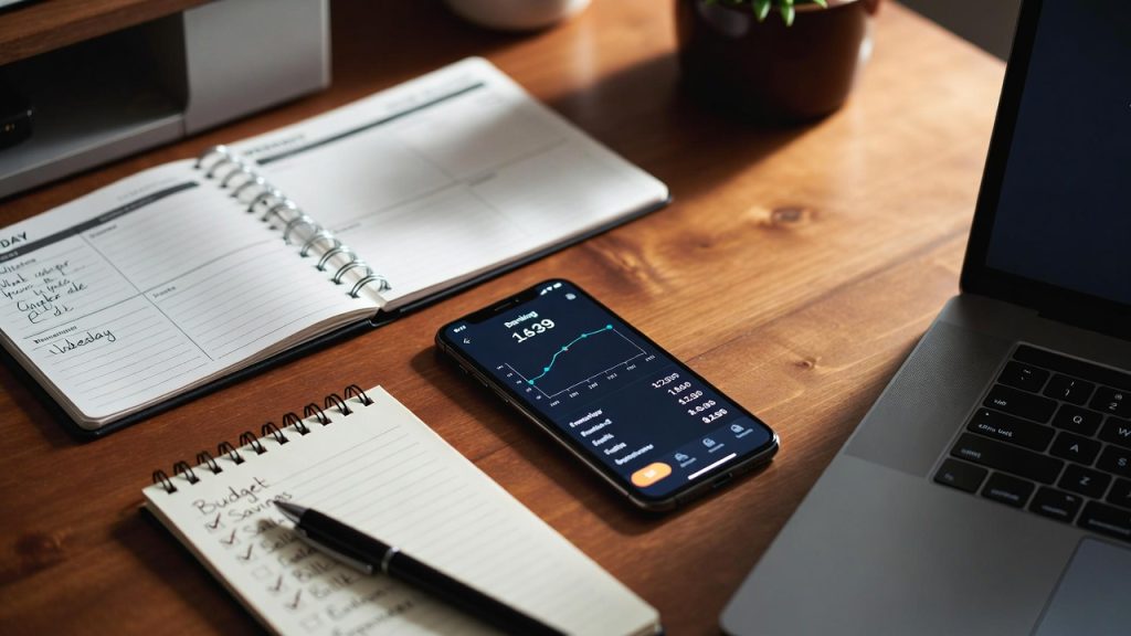 Weekly money check-in routine setup with planner and banking app